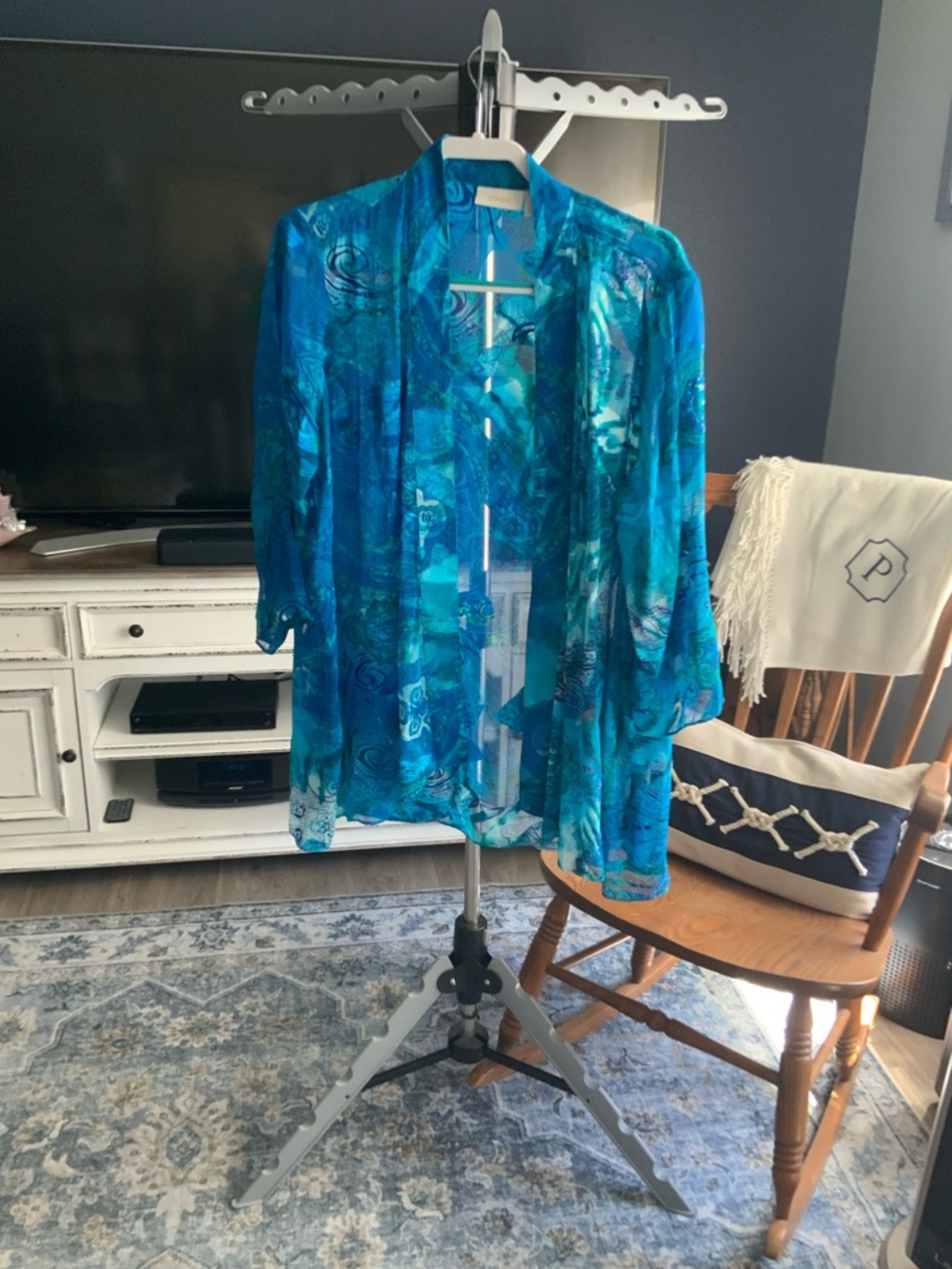Sheer Blue Teal Printed Open Kimono. Chico’s Size 2